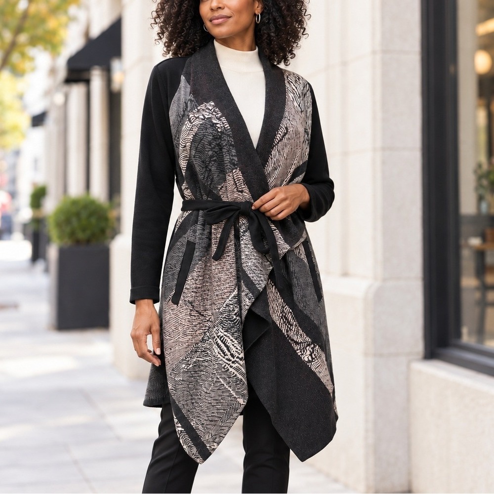 NIC+ZOE Cardigan Black Gray Abstract Knit Belted Wrap Sweater Coat Womens Medium